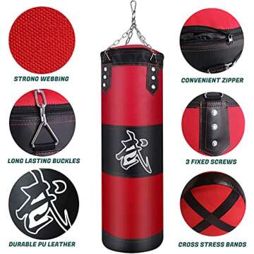 ZERUIDM Hanging Punching Bag Set Unfilled, Heavy Boxing Bag Kickboxing Bag for Adults Kids, Youth Boxing Set with Hand Wraps, Punching Bag Hangers, for MMA Muay Thai Karate Taekwondo Training