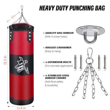 ZERUIDM Hanging Punching Bag Set Unfilled, Heavy Boxing Bag Kickboxing Bag for Adults Kids, Youth Boxing Set with Hand Wraps, Punching Bag Hangers, for MMA Muay Thai Karate Taekwondo Training