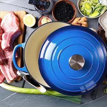 6 Quart Dutch Oven Enameled Cast Iron with Lid - Big Dual Handles - Oven Safe up to 500°F - Classic Round Pot for Versatile Cooking Blue