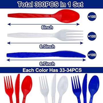 Total 300 Pcs Patriotic American Flag Party Supplies, 4th of July Disposable Plastic Cutlery Set Includes 100 Spoons 100 Forks 100 Knives Red White Blue Decor Independence Day Memorial Day Decorations