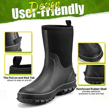 TIDEWE Rubber Boots for Men, 5.5mm Neoprene Insulated Rain Boots with Steel Shank, Waterproof Mid Calf Hunting Boots, Sturdy Rubber Work Boots for Farming Gardening Fishing (Black Size 5)