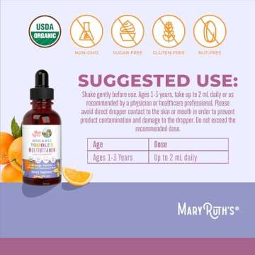 MaryRuth Organics Kids Multivitamin for Toddlers | USDA Organic | Toddler Vitamins Liquid Drops for Kids Ages 1-3 | Toddler Immune Support & Overall Wellness | Vegan | Non-GMO | Gluten Free | 2 Fl Oz