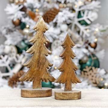 AuldHome Design Wooden Christmas Trees (Set of 2, Natural); Tabletop Handmade Wood Trees w/Rectangular Base for Holiday Home Decor