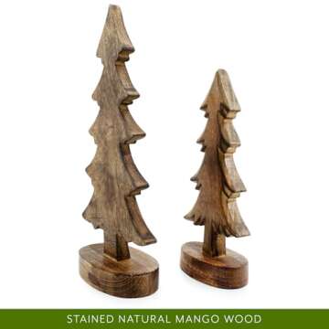 AuldHome Design Wooden Christmas Trees (Set of 2, Natural); Tabletop Handmade Wood Trees w/Rectangular Base for Holiday Home Decor