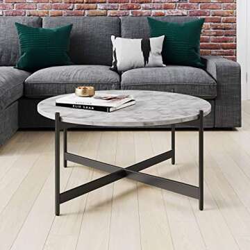 Nathan James Piper Faux White Marble Round Modern Living Accent Side or Coffee, Sofa Center for Dining Room/Tea with Metal Frame, Black