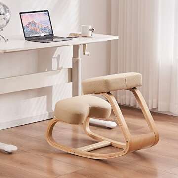 Ergonomic Kneeling Chair,Wooden Rocking Chair for Desk with Cushion,Posture Chair for Relieving Neck and Back Pain,Rocking Kneel Chair for Office Home.