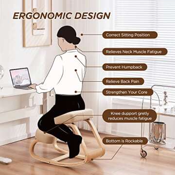 Ergonomic Kneeling Chair,Wooden Rocking Chair for Desk with Cushion,Posture Chair for Relieving Neck and Back Pain,Rocking Kneel Chair for Office Home.