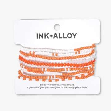 INK + ALLOY Game Day Bracelets for Women, Beaded Bracelet Stacks for Fans, Handmade Jewelry for College Students, Teachers, Team Gifts, Set of 10 (Orange + White)