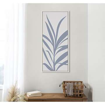 Kate and Laurel Sylvie Mid Century Retro Jungle Botanical Light Blue Framed Canvas Wall Art by The Creative Bunch Studio, 18x40 White, Minimalist Plant Leaf Art for Wall