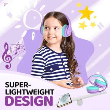 JoySpark Kids Bluetooth Headphones, Lightweight Kids Wireless Headphones for Kids, 85/94dB Volume Limited, 60 Hours Playtime, Bluetooth 5.3, Over-Ear Toddler Headphones with Built-in Mic-Purple