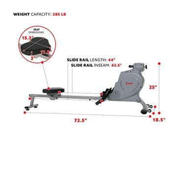 Sunny Health & Fitness Silent Magnetic Rowing Machine with 16 Level Magnetic Resistance – Magnetic Home Rower Designed for Low-Impact Full-Body Workouts and Users up to 220 LB - SF-RW5987