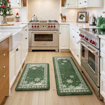 LEEVAN Christmas Kitchen Mat Non Slip, Cushioned Snowflake Kitchen Rug Set of 2, Green Christmas Decor Standing Mat Anti-Fatigue, Winter Home Decor Mat, Memory Foam Mat for Bar,Office,Desk, Laundry