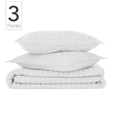 Nate Home by Nate Berkus Solid All-Season Cotton Textured Quilt Set | Breathable and Comfortable Bedding from mDesign - King Size - 1 Quilt/2 Pillow Shams, Snow (White)