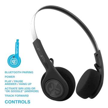 JLab Rewind Wireless Retro Headphones, Black, Bluetooth 4.2, 14 Hours Playtime, Custom EQ3 Sound, Music Controls, Noise Isolation, with Microphone, Throwback 80's/ 90's Design