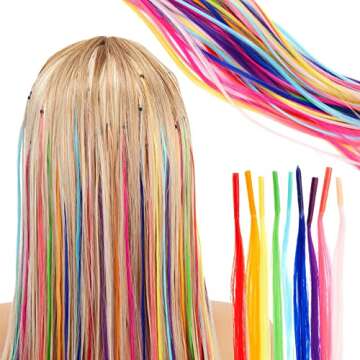 Glamlily Colored Hair Extensions for Kids, Hair Extension Beads, 100-Pcs Synthetic Strands in 10 Rainbow Colors, Includes Tools and Microbeads for Daily Use, Costumes, Formal Events (20 in)