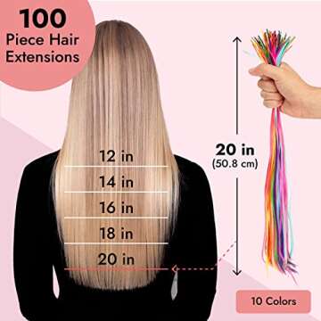 Glamlily Colored Hair Extensions for Kids, Hair Extension Beads, 100-Pcs Synthetic Strands in 10 Rainbow Colors, Includes Tools and Microbeads for Daily Use, Costumes, Formal Events (20 in)