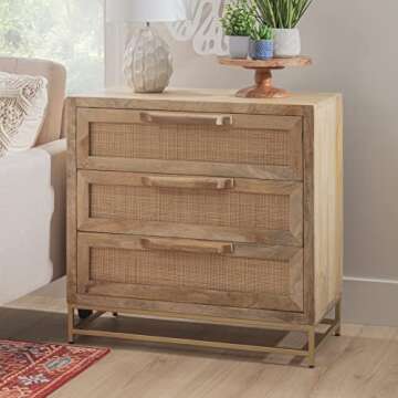 Powell Danika Natural Rattan and Gold Base 3 Drawer Cabinet