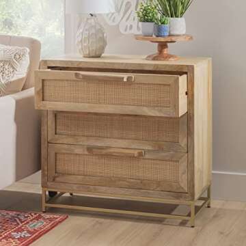 Powell Danika Natural Rattan and Gold Base 3 Drawer Cabinet