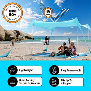 SUN NINJA Beach Tent Shelter with UPF50+ Protection, Includes Sand Shovel, Ground Pegs, Stability Poles, Outdoor Pop Up Shade Canopy for Camping, Fishing, Backyard Fun