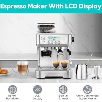 CASABREWS Espresso Machine with Grinder, Barista Espresso Maker with Milk Frother Steam Wand, Professional Cappuccino Latte Machine with LCD Display, Gifts for Dad, Mom and Coffee Enthusiast