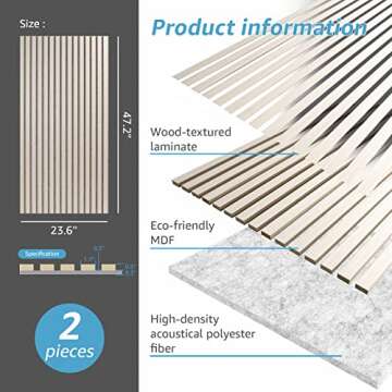 Art3d 2 Wood Slat Acoustic Panels for Wall and Ceiling - 3D Fluted Sound Absorbing Panel with Wood Finish - White Elm