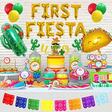 First Fiesta Birthday Decorations - Mexican 1st Birthday Party Supplies Gold First Fiesta Balloons, Mexican Uno Cactus Banner Cake Topper for Taco Bout Uno Cinco De Mayo Party Decor