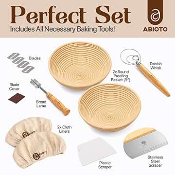 2 9-inch Round Proofing Baskets for Sourdough Bread Baking and Supplies, A Complete Bread Making Kit Including Bread Lame, Danish Whisk, Bowl & Dough Scrapers, and Linen Liners