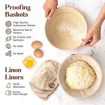 2 9-inch Round Proofing Baskets for Sourdough Bread Baking and Supplies, A Complete Bread Making Kit Including Bread Lame, Danish Whisk, Bowl & Dough Scrapers, and Linen Liners