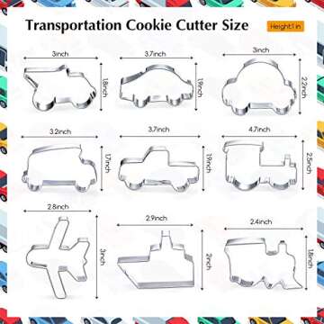 9 Pieces Transportation Vehicle Cookie Cutter Set, Train, Truck, Dump Truck, Vintage Car, Airplane, Ship, Bus, Car Shaped Stainless Steel Biscuit Cutter with 6 Pieces Sugar Stirring Pins for Baking