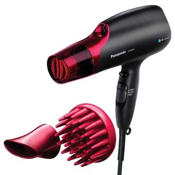 Panasonic Nanoe Hair Dryer, 1875 Watt Professional Blow Dryer for Smooth, Shiny Hair with 3 Attachments Quick Dry Nozzle, Diffuser and Concentrator Nozzle – EH-NA65-K (Black/Pink), Black
