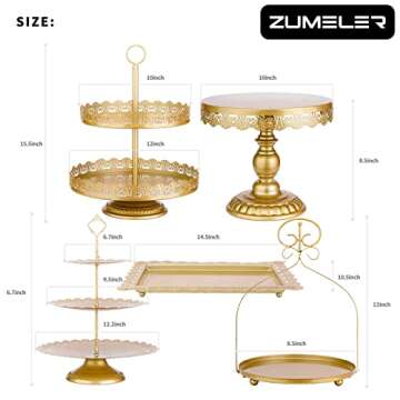 ZUMELER Gold 5Pcs Cake Stands Set Metal Round Cupcake Holder Cookies Dessert Display Plate Serving Tower Tray Platter with Handl for Baby Shower Wedding Birthday Party Celebration