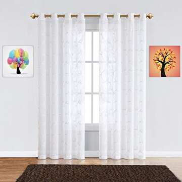 Warm Home Designs Pair of 2 Sheer White Faux-Linen Short Size Curtain Panels with Beautiful Linen (Light Brown) Stitched Leaf Embroidery. Each Grommet Drape is 54" (Width) x 63" (Length). M Linen 63"