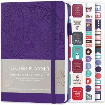 Legend Planner – Deluxe Weekly & Monthly Life Planner to Hit Your Goals & Live Happier. Organizer Notebook & Productivity Journal. A5 Hardcover, Undated – Start Any Time + Stickers – Purple
