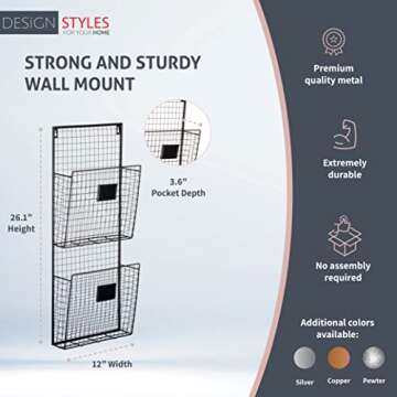 Designstyles Two Tier Wall File Holder – Durable Black Metal Rack with Spacious Slots for Easy Organization, Mounts on Wall and Door for Office, Home, and Work