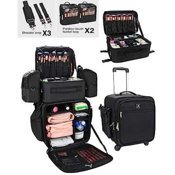 Relavel Rolling Makeup Case Professional Makeup Train Case Makeup Artist Travel Organizer 4 in 1 with Detachable Cosmetic Case and Dual Makeup Brush Case and Wheels (Black, 4-Pack)