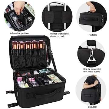 Relavel Rolling Makeup Case Professional Makeup Train Case Makeup Artist Travel Organizer 4 in 1 with Detachable Cosmetic Case and Dual Makeup Brush Case and Wheels (Black, 4-Pack)