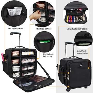 Relavel Rolling Makeup Case Professional Makeup Train Case Makeup Artist Travel Organizer 4 in 1 with Detachable Cosmetic Case and Dual Makeup Brush Case and Wheels (Black, 4-Pack)