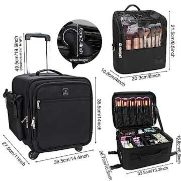 Relavel Rolling Makeup Case Professional Makeup Train Case Makeup Artist Travel Organizer 4 in 1 with Detachable Cosmetic Case and Dual Makeup Brush Case and Wheels (Black, 4-Pack)