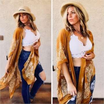 Breezy Lane Kimonos for Women Swimsuit Coverup Beach Kimono Cover Up Swimwear Cardigans with Boho Print Summer Vacation Wear