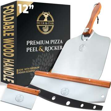 Deer & Oak Premium Aluminum Pizza Peel Set, Pizza Spatula, Rocker Cutter, & Dough Scraper Set 12" x 14" with Foldable Wooden Handle | Compatible with Ooni, Gozney, Solo Stove Pi Pizza Ovens