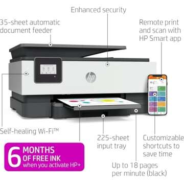 HP OfficeJet 8015e All-in-One Color Inkjet Printer Scanner and Copy with Mobile Printing, Wireless Printer for Home Use, Printer for Office with 6 Months Free Ink, Instant Ink Ready, 228F5A (Renewed)