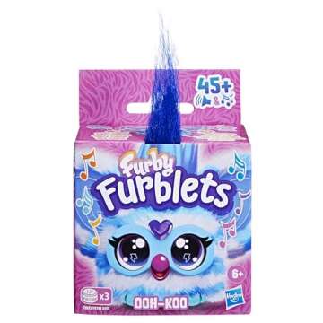 Furby Furblets Ooh-Koo Mini Friend, Rock Music, Speaks Only Furbish, Electronic Plush Toys for Girls & Boys, Interactive Pets, Blue & White, Christmas Stocking Stuffers, 6+