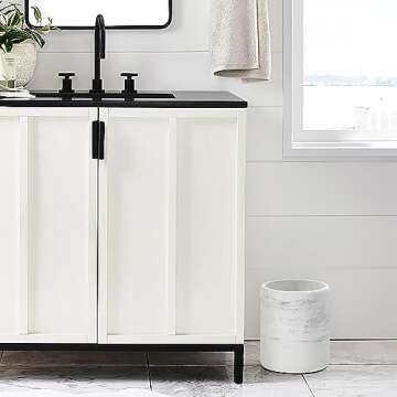 QL DESIGN Bathroom Trash Can - Decorative Bathroom Wastebasket Finished in Resin, Beautiful Marble Look, Modern Round Waste Basket for Bathroom, Powder Room Or Living Room (Marble Style)