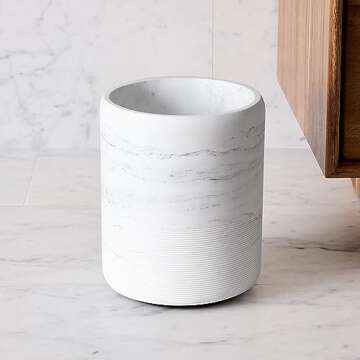 QL DESIGN Bathroom Trash Can - Decorative Bathroom Wastebasket Finished in Resin, Beautiful Marble Look, Modern Round Waste Basket for Bathroom, Powder Room Or Living Room (Marble Style)