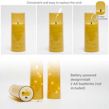 kakoya Flameless LED Candles with Timer 5 Pc Flickering Flameless Candles for Romantic Ambiance and Home Decoration Stable Acrylic Shell,with Embedded Star String，Battery Operated Candles（Gold）