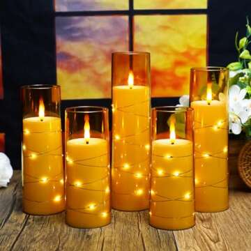 kakoya Flameless LED Candles with Timer 5 Pc Flickering Flameless Candles for Romantic Ambiance and Home Decoration Stable Acrylic Shell,with Embedded Star String，Battery Operated Candles（Gold）