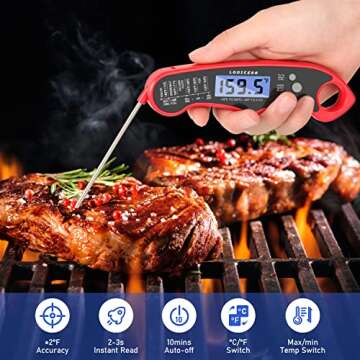 Lonicera Digital Meat Thermometer for Food Cooking. Waterproof & Instant Read for Kitchen Baking, BBQ. with Foldable Probe, Backlight & Calibration (Red)