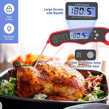 Lonicera Digital Meat Thermometer for Food Cooking. Waterproof & Instant Read for Kitchen Baking, BBQ. with Foldable Probe, Backlight & Calibration (Red)