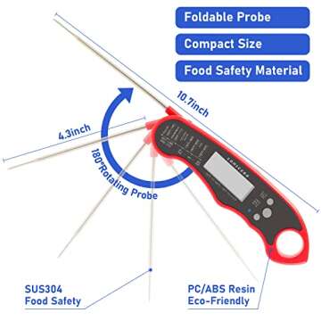 Lonicera Digital Meat Thermometer for Food Cooking. Waterproof & Instant Read for Kitchen Baking, BBQ. with Foldable Probe, Backlight & Calibration (Red)