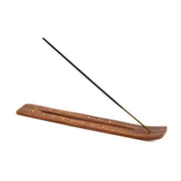 Wooden Incense Holder for Sticks with Inlays of Brass Crescent Moon 10 inches Long